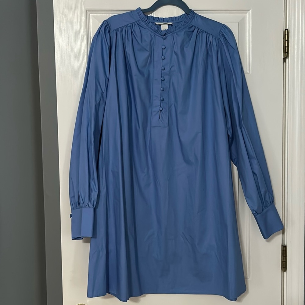H&M long sleeve blue cotton ruffle neck tunic dress top plus size 1X